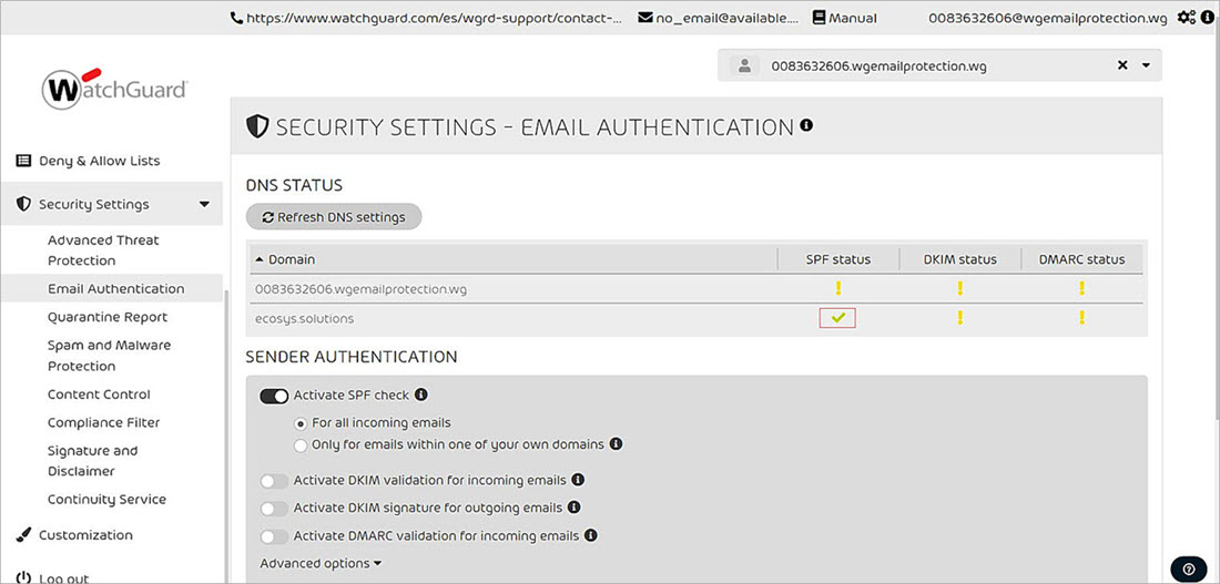 Screenshot of the SPF check status